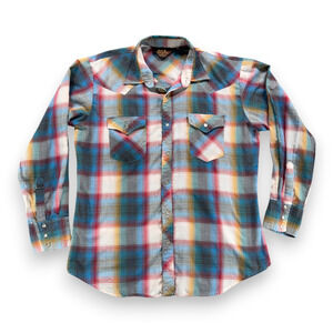 Vintage Western Shirt Adult LARGE Blue Rainbow Plaid Cowboy Rodeo Pearl Snap 90s